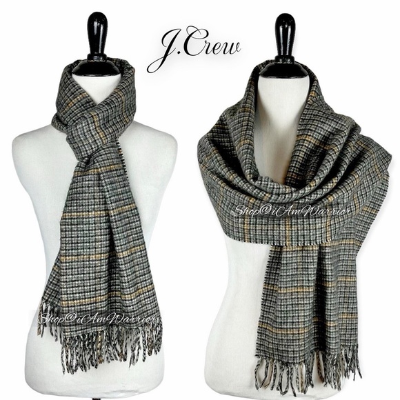 J.Crew RARE 100% cashmere Scottish houndstooth plaid long scarf with fringe - Picture 3 of 9